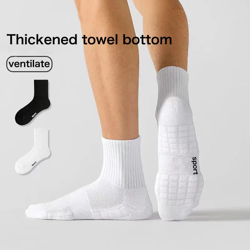 3 pairs of mid-calf sports socks with towel soles for all seasons, solid color, deodorizing, sweat-absorbing and breathable; black mid-calf socks, shock-absorbing and heel-protecting.