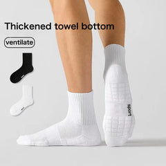 3 pairs of mid-calf sports socks with towel soles for all seasons, solid color, deodorizing, sweat-absorbing and breathable; black mid-calf socks, shock-absorbing and heel-protecting.