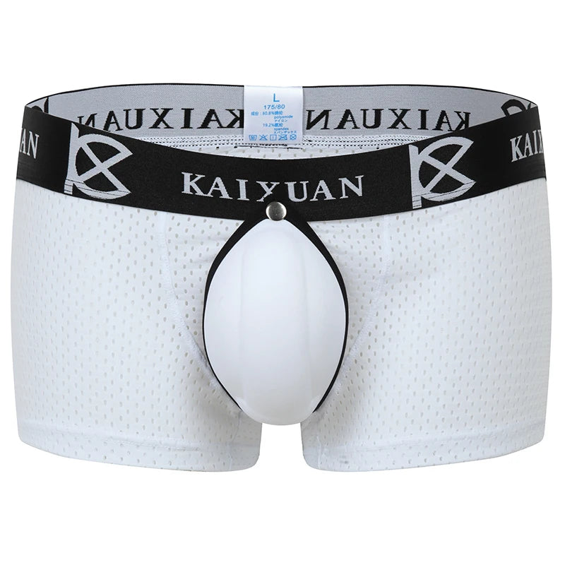 Men's underwear boxer shorts with removable front, jockstraps, and padded briefs.