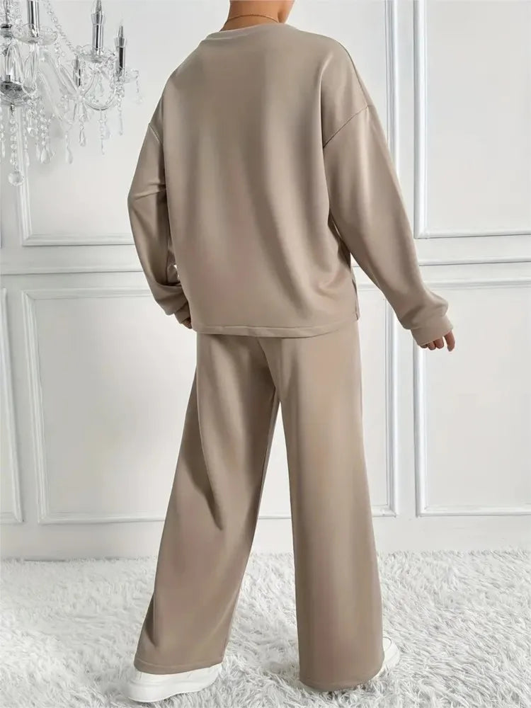Ensemble deux pièces pour femmes, décontracté, col rond, manches longues, sweat-shirt, pantalon à jambes larges, costumes automne hiver, mode dames, tenue de bureau
