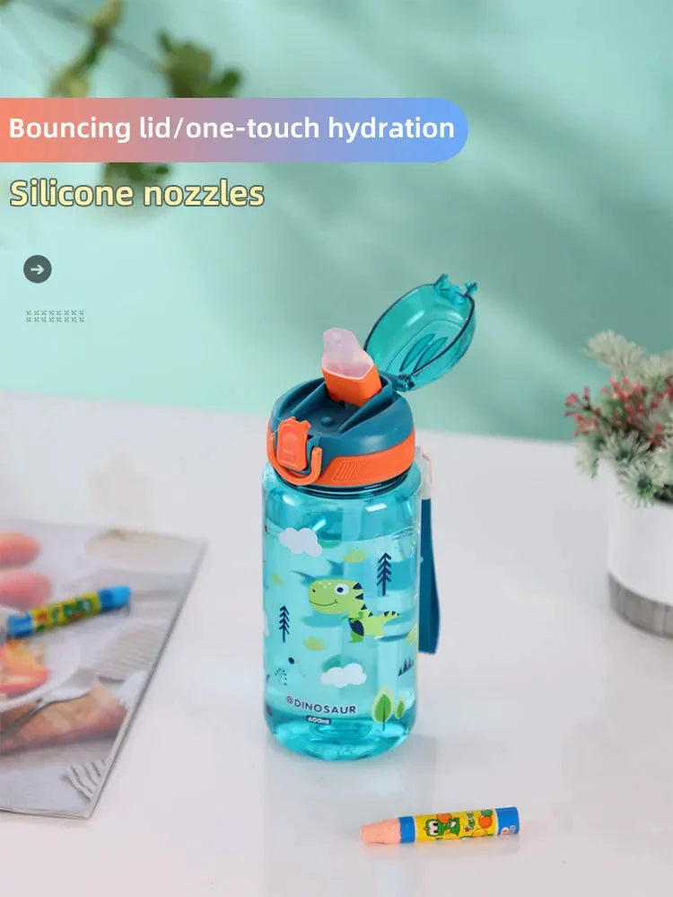Bouteille d'eau dinosaure de 600ml pour enfants, tasse à bec avec paille en Silicone, bouteilles d'eau en plastique étanches, tasse d'eau d'été pour enfants