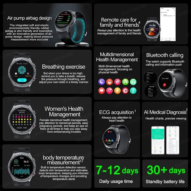 2025 santé montre intelligente NFC ECG pompe à Air pression artérielle oxygène sanguin ECG + PPG Bluetooth appel NFC montre intelligente pour hommes femmes Airbag