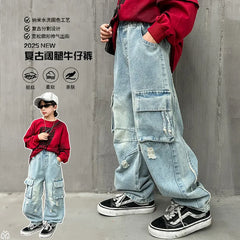 Adolescents garçons Hip Hop Streetwear vêtements de travail jean printemps automne 2025 nouveau Style enfants beau à la mode déchiré pantalon à jambes larges