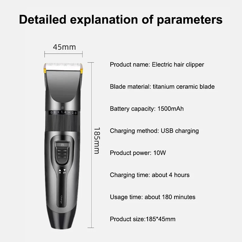 Professional electric hair clipper for men, ceramic blade, low noise home trimmer, USB charger, men's hair cutting tools