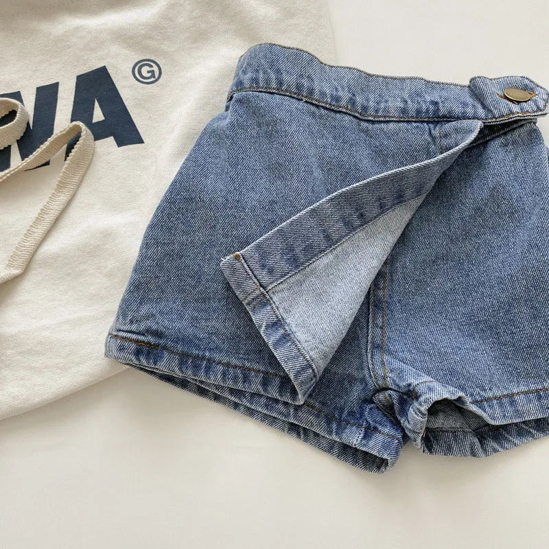 Mode coréenne nouvel été enfants fille jupe short solide taille élastique bouton doux Denim Culotte enfants vêtements polyvalents