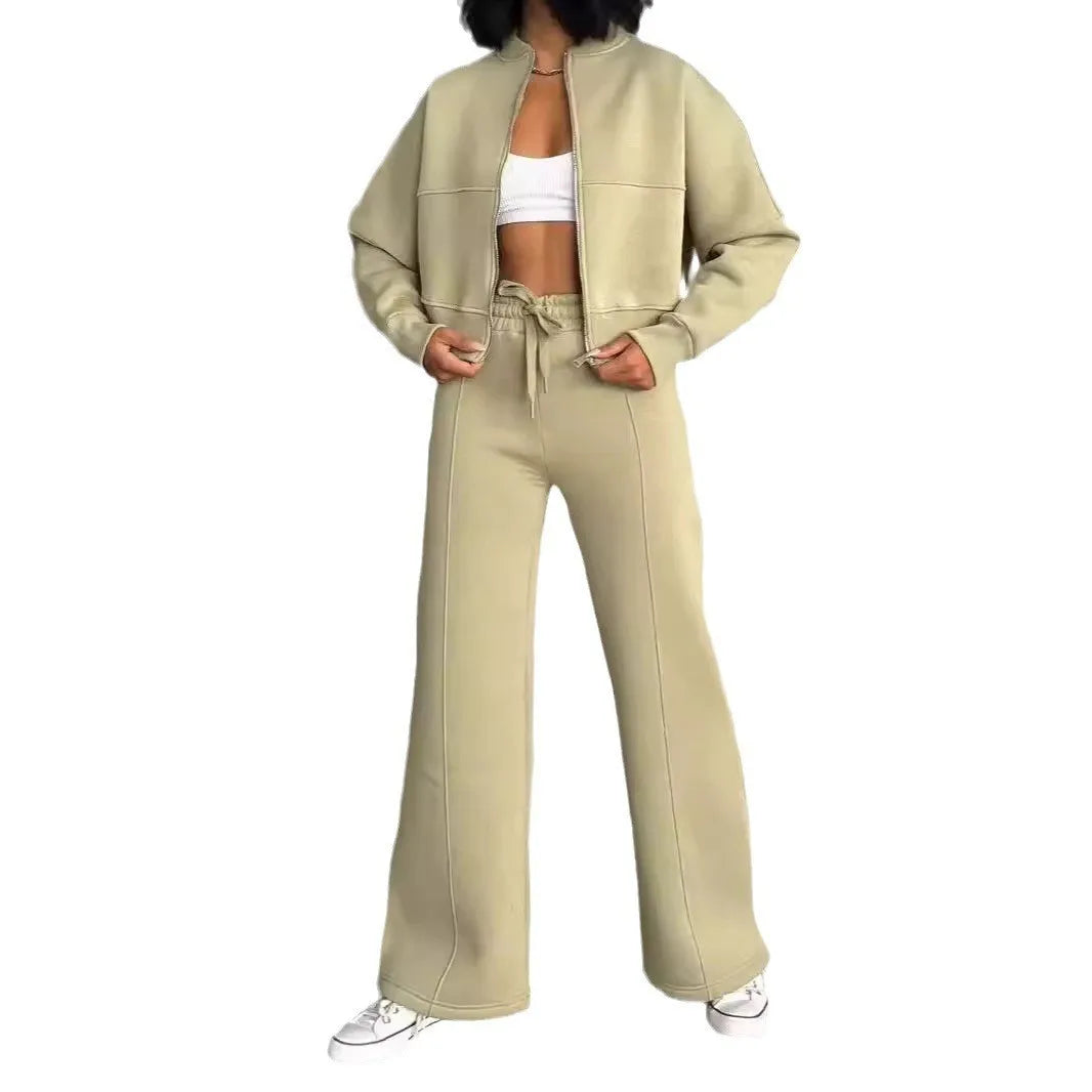 Women's two-piece casual set, solid color, sweatshirt, long sleeves, zip-up coat, long pants, pockets, elegant, autumn/winter 2025
