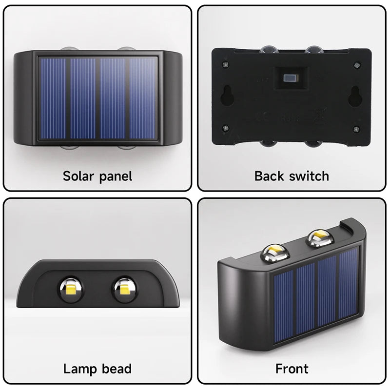 Applique Murale Solaire d'Extérieur, Lumière Chaude, Étanche, Haut et Bas, Éclairage de délégations, Cour, Décoration de Jardin, 4LED, 6LED, 8LED