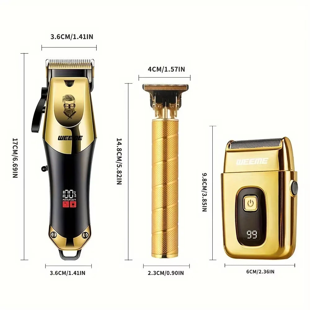 Kit de toilettage pour hommes, ensemble de 3 pièces, tondeuse à cheveux dorée noire avec écran LCD, rechargeable par USB, 8 peignes de guidage, tondeuse et rasoir