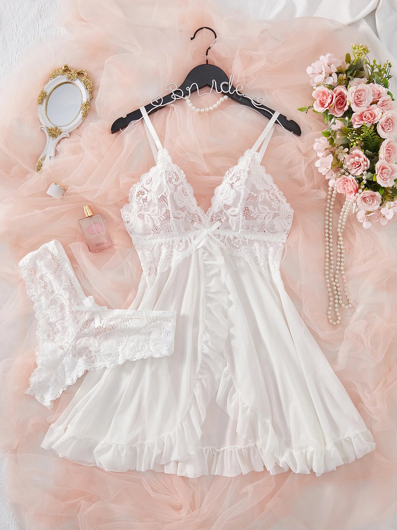 Ensemble de Lingerie Sexy pour femmes, soutien-gorge érotique, chemise de nuit, vêtements de nuit en dentelle, couleur unie, Slim, robes douces, col en V, Slip complet, vêtements de nuit et robes