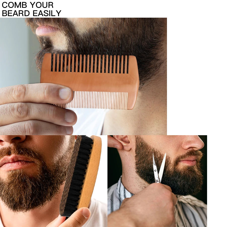 5-Piece/Set Sandalwood Beard Growth Kit, Scented Beard Balm, Moisturizing Oil, Styling Trimming, Conditioning Care for Men