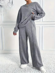 Ensemble deux pièces pour femmes, décontracté, col rond, manches longues, sweat-shirt, pantalon à jambes larges, costumes automne hiver, mode dames, tenue de bureau