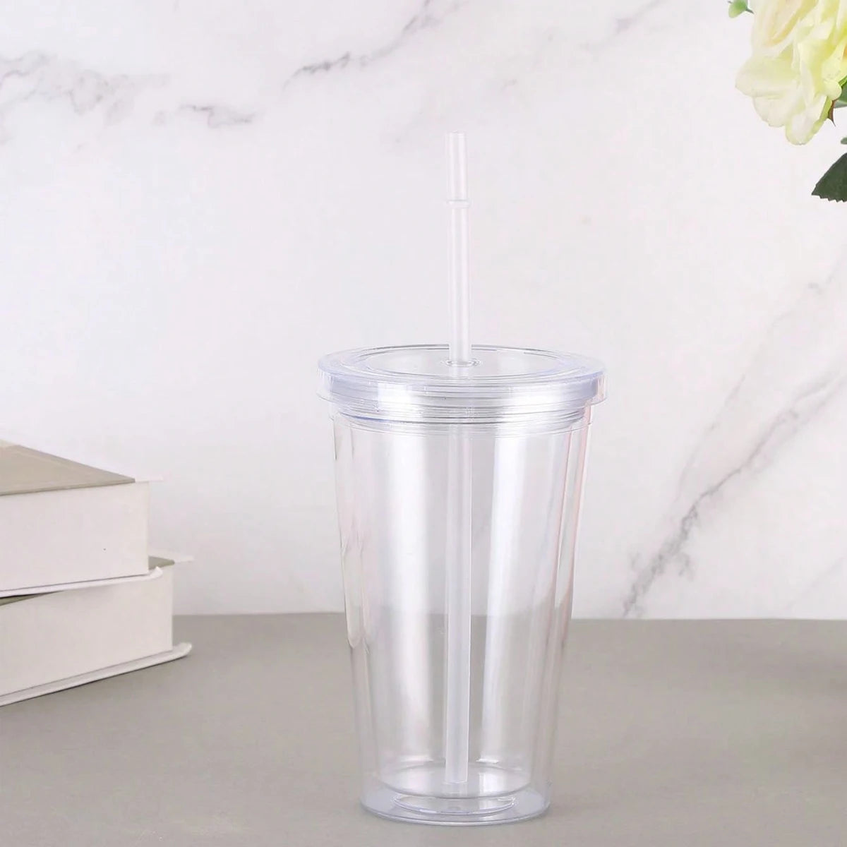 Tasse à boire transparente en plastique Double couche réutilisable de 450ml, bouteille d'eau avec couvercle, tasse en paille, boisson extérieure, thé, lait, outils