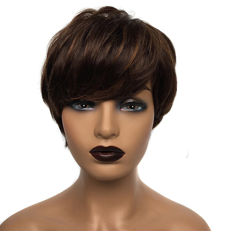 Cheap short human hair wigs, bob pixie cut human hair wig for women, Brazilian hair human hair wig, colored wig with bangs