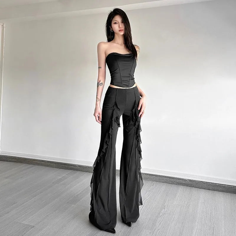 Women's high-waisted bootcut trousers, retro style, ruffled seams, with a sense of design, slimming trousers