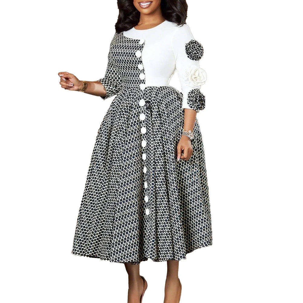Robes élégantes pour femmes, mode africaine, manches 3/4, fête d'anniversaire, nouvelle Robe Chic à carreaux de fleurs 3D, Robe de soirée trapèze, automne 2025