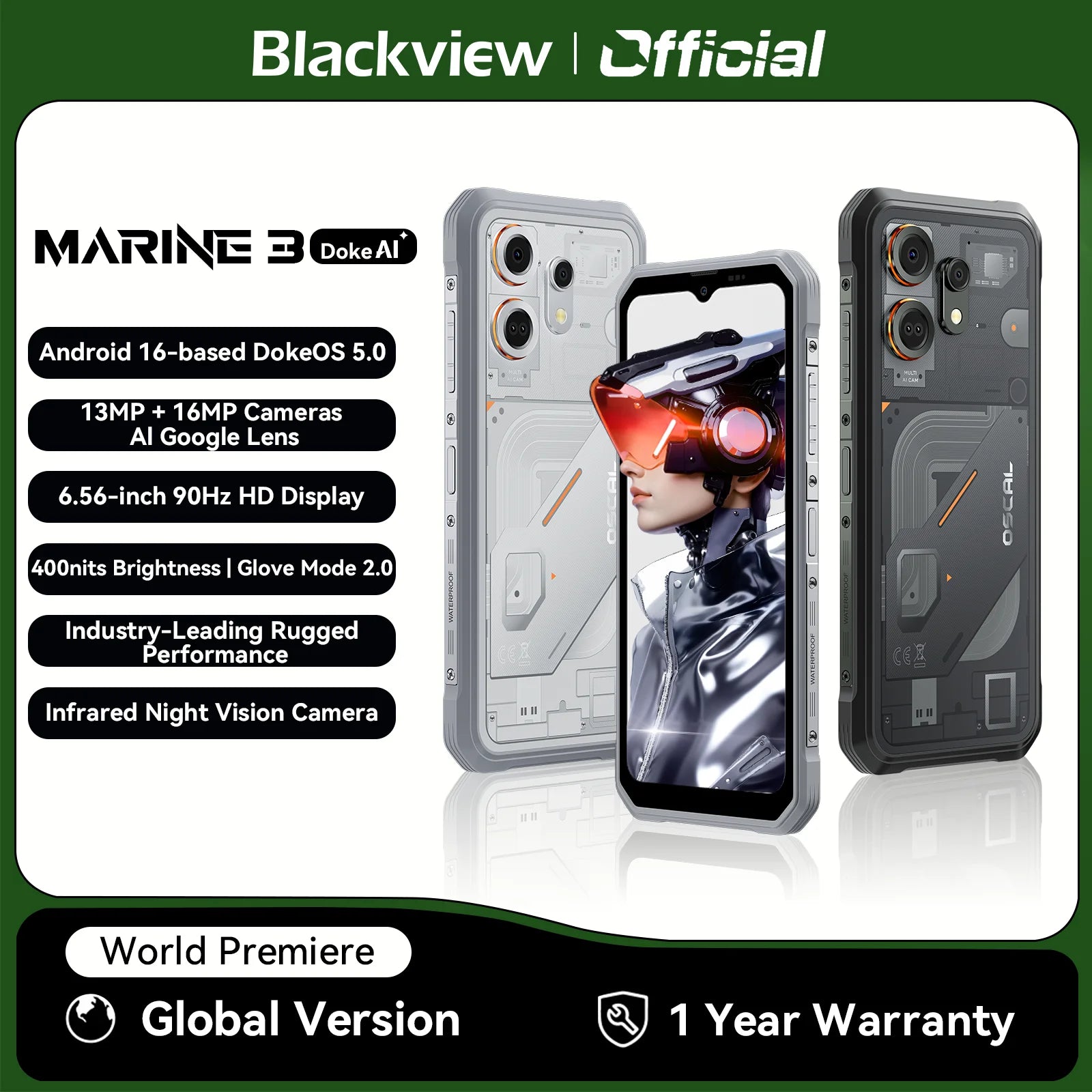 Smartphone robuste Blackview OSCAL MARINE 3, écran HD 6,56 pouces 90 Hz, processeur Helio G81, appareil photo 13MP+16MP, batterie 5000mAh, Android 16 Mobile