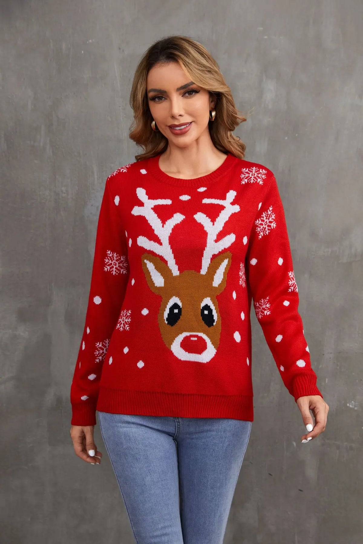 Round neck knitted Christmas sweater, elegant, casual, loose fit, for parties, new fashion, autumn and winter
