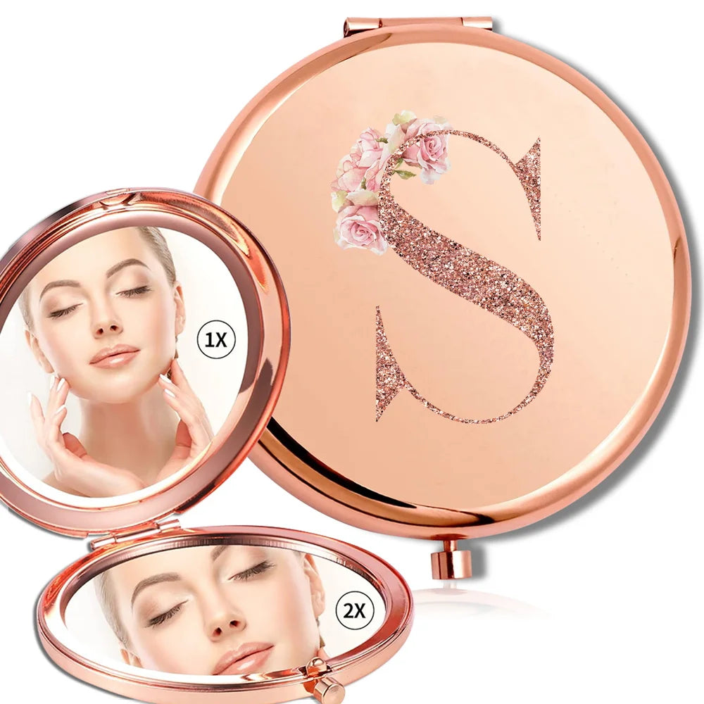 Miroir rond de maquillage grossissant Double face en métal, cosmétique, aspect Portable, verre, Compact, motif de lettres en or Rose