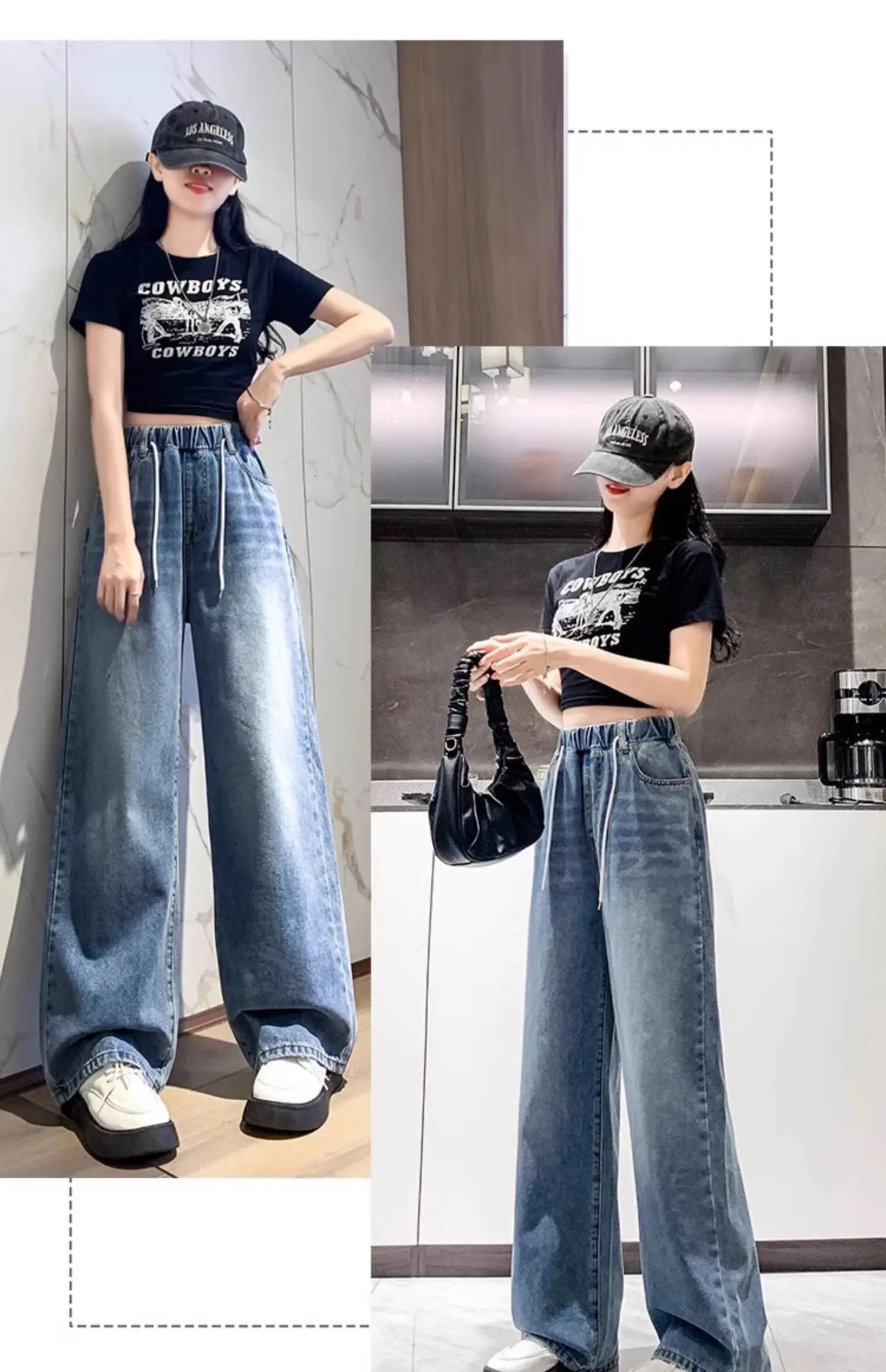 Jean ample à jambes larges, taille haute, bleu clair, grande taille, taille élastique, pantalon Dstring, pantalon Long amincissant