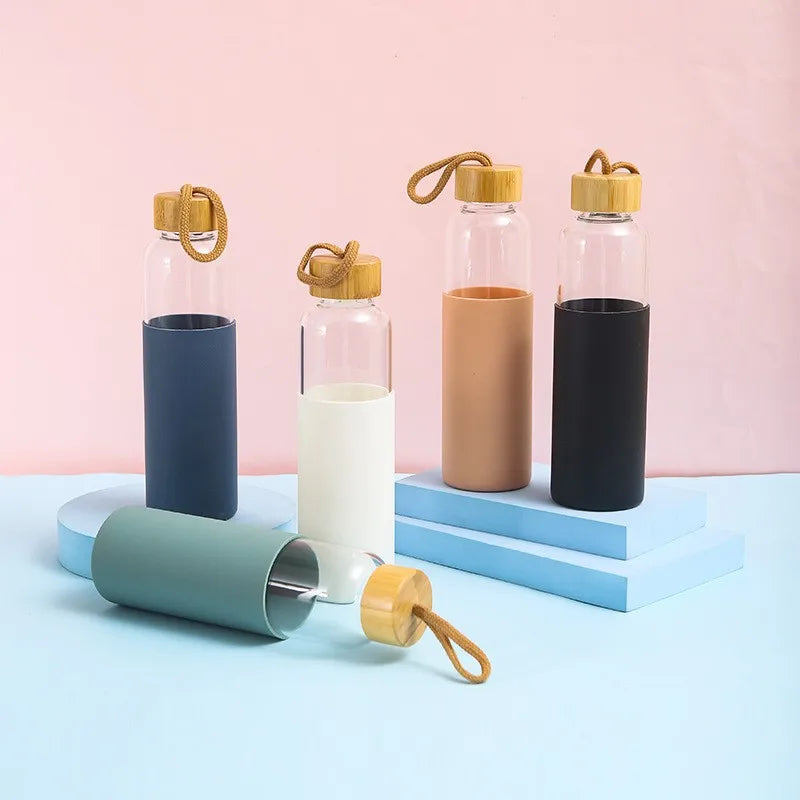 Bouteille d'eau en verre de 500ml, avec manchon en Silicone résistant à la chaleur, petite bouche, bouteilles portables anti-fuite avec poignée