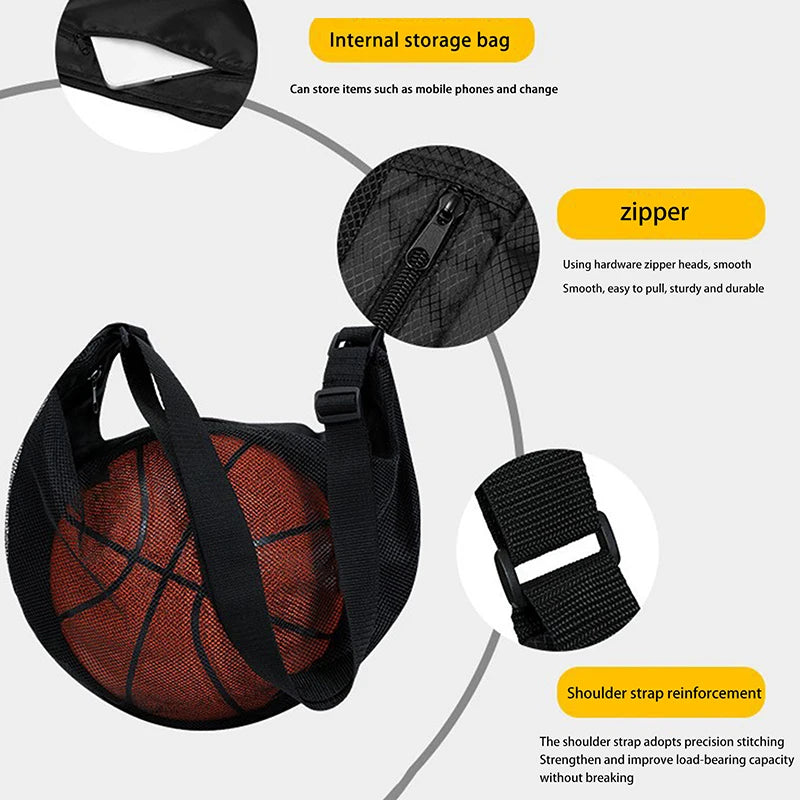 Sac à balle unique avec poche à fermeture éclair, 1 pièce, sac de rangement de balle en maille, équipement de Sport, filet de rangement à cordon de serrage, transport de basket-ball
