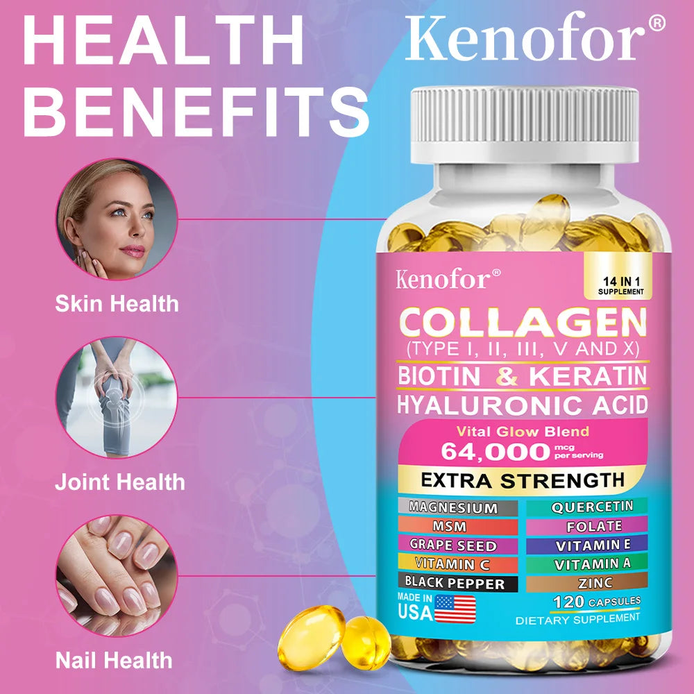 Capsules de collagène 14 en 1, produit de soins pour la peau à la biotine et à la kératine, Booster, Anti-vieillissement, blanchiment de la peau, supplément de soins des ongles et des cheveux