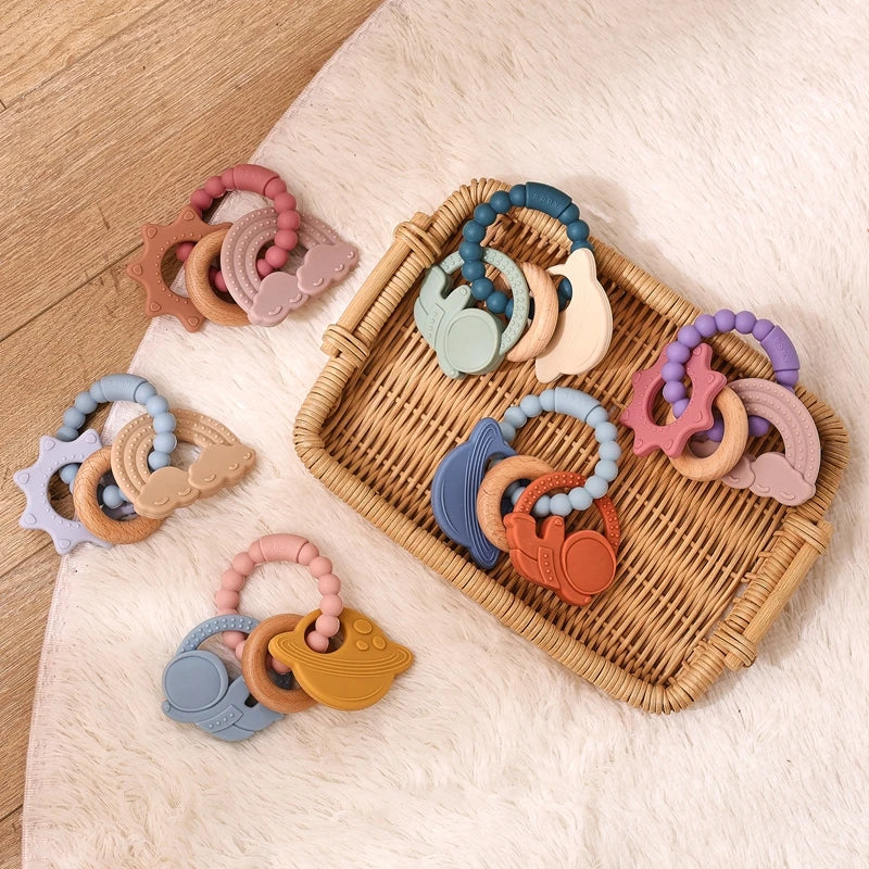 Anneau de dentition en Silicone pour bébé, 1 pièce, sans BPA, Bracelet en Silicone, feuille, jouets de dentition, anneau en bois, dent d'allaitement, jouets cadeaux pour nouveau-né