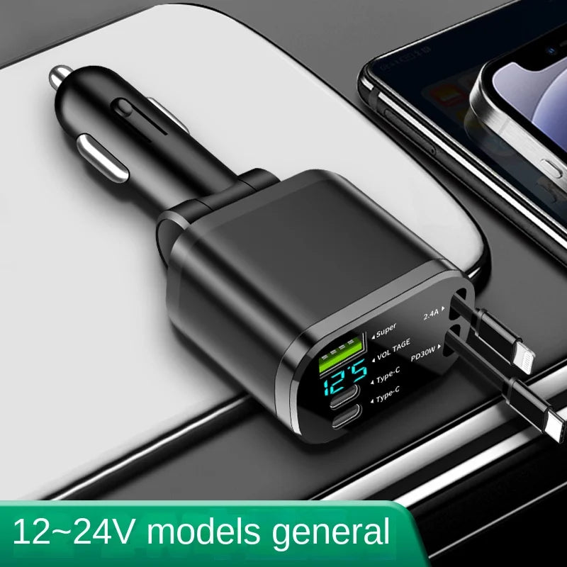 Chargeur de voiture, chargeur de voiture avec câble rétractable, PD de voiture, charge rapide de voiture, charge super rapide, charge flash, cig cinq en un