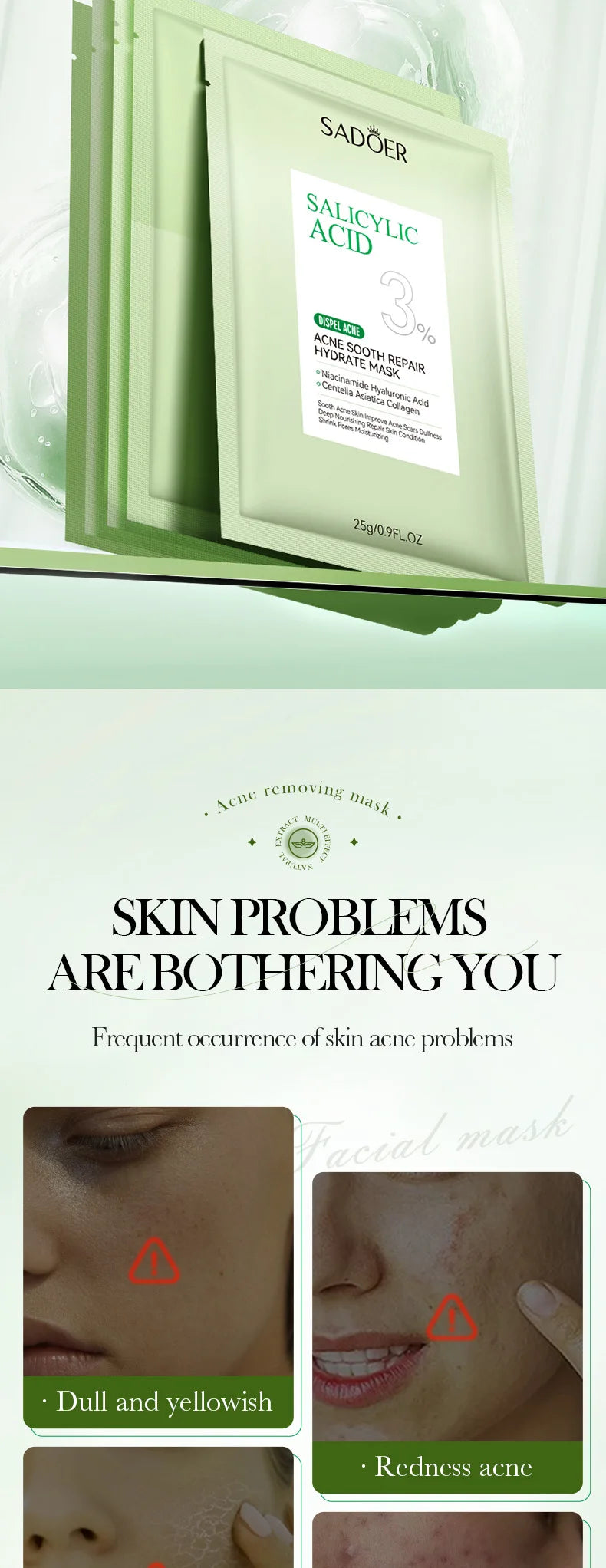 5 pièces SADOER acide salicylique masque Facial hydratant nourrissant raffermissant hydratant masques pour le visage masque en feuille soins de la peau
