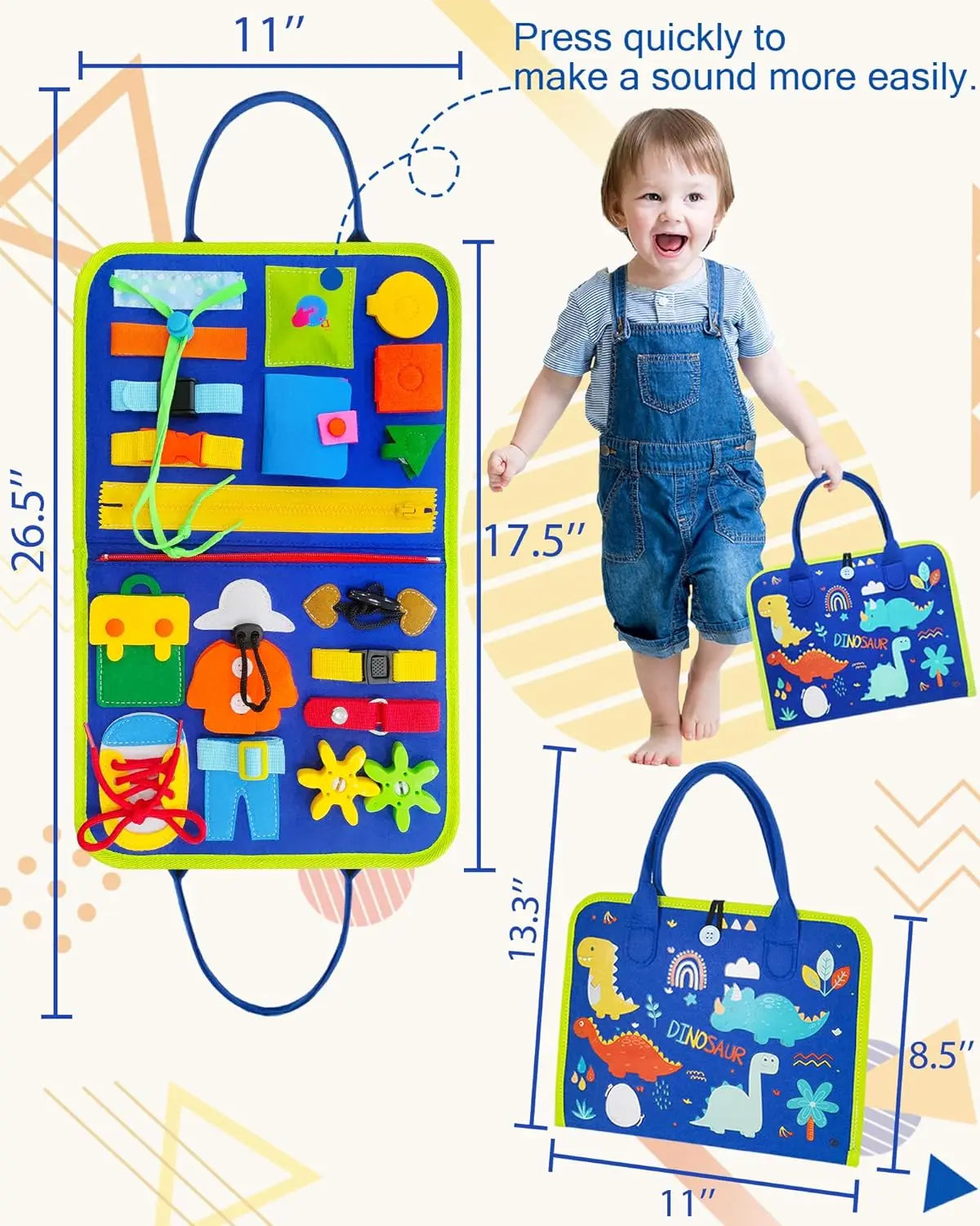 Planche occupée pour tout-petits, jouets Montessori, activités éducatives d'apprentissage, jouet de voyage, déguisement de dinosaure, sac à dos de compétences de vie sensorielle