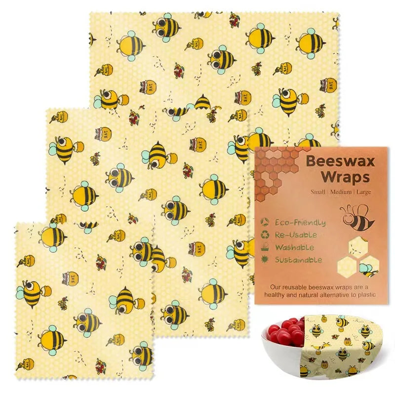 Beeswax Food Wrap 3-Piece Set, Reusable Eco-Friendly Organic Cotton Wax Fabric, Household Plastic Wrap Replacement, Washable Lemon Pattern