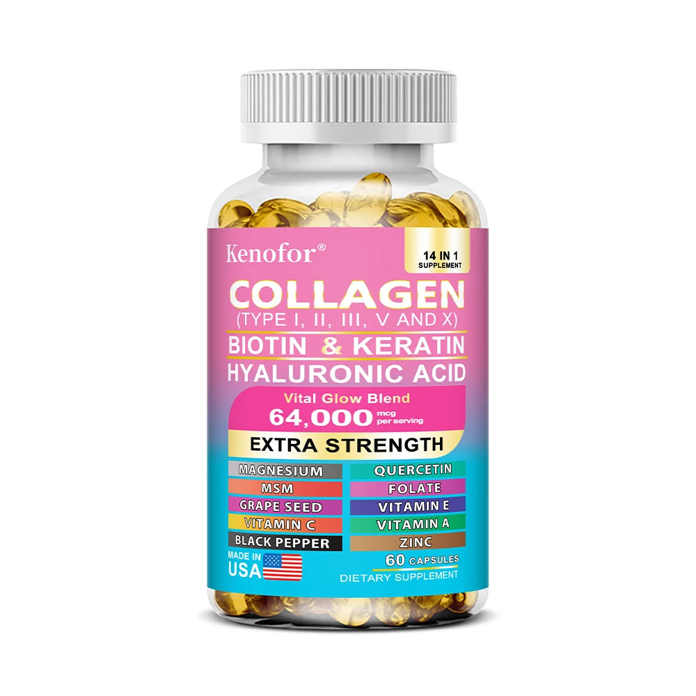 Kenofor collagène 1000 mg avec biotine 10,000 mcg, kératine acide hyaluronique vitamine C formule saine complément alimentaire sans gluten