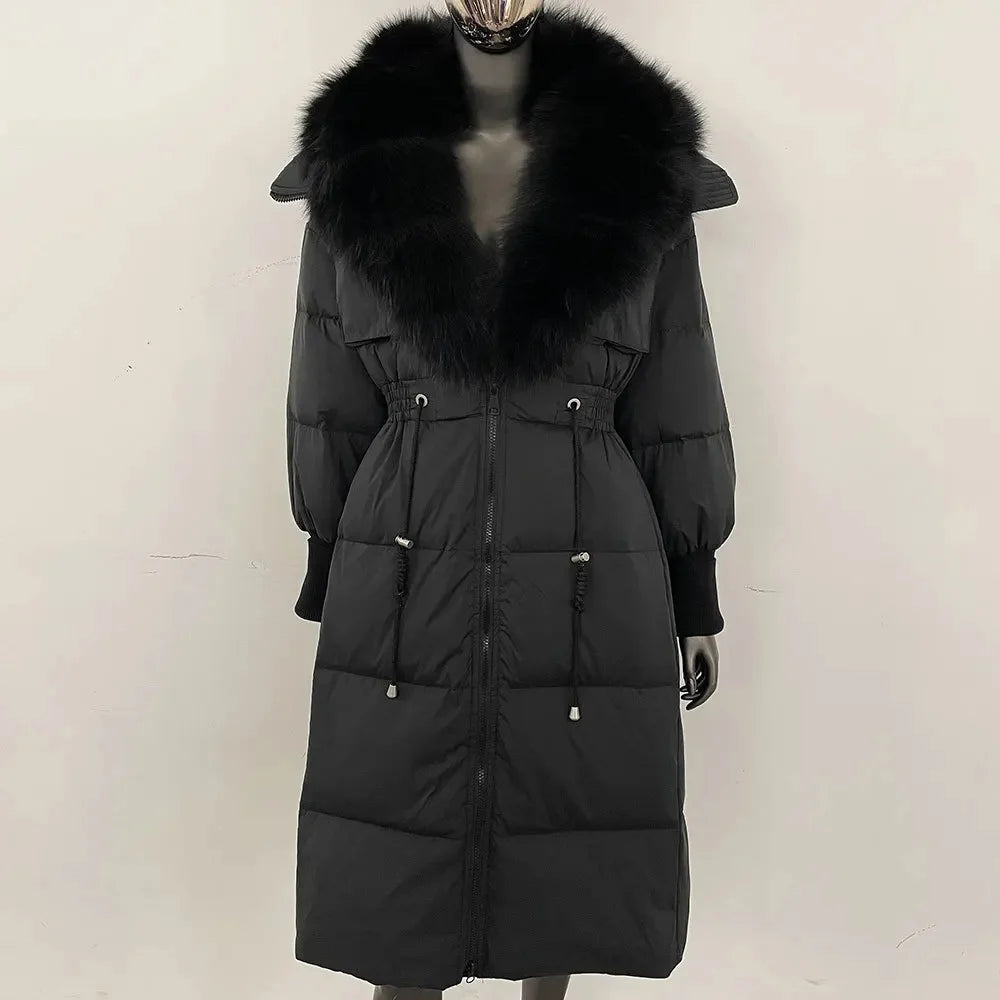 Doudoune longue avec col en fourrure pour femme, pardessus en fourrure de renard, longueur aux genoux, à la mode, chaude, cintrée à la taille, vêtements d'extérieur amincissants