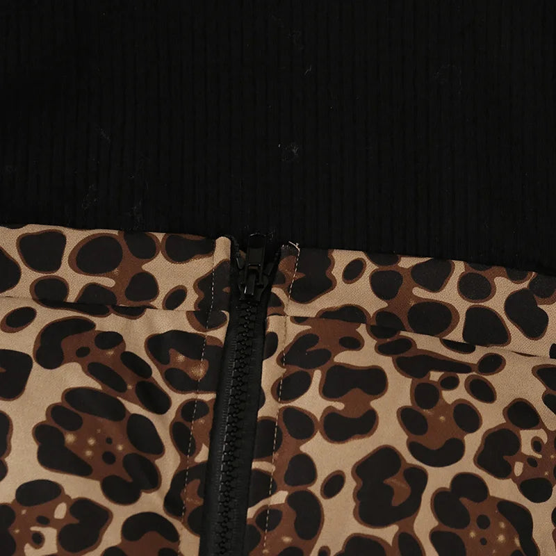 Girls' costume with round neck and long sleeves, leopard print skirt with zipper, fashionable for holidays and leisure, spring and autumn