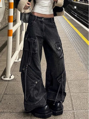 FjRopa Mujer-Jean Cargo Noir Délavé Style Punk Y2K pour Femme, Pantalon Baggy, Vêtements de Styliste, Jambes Larges, 2024