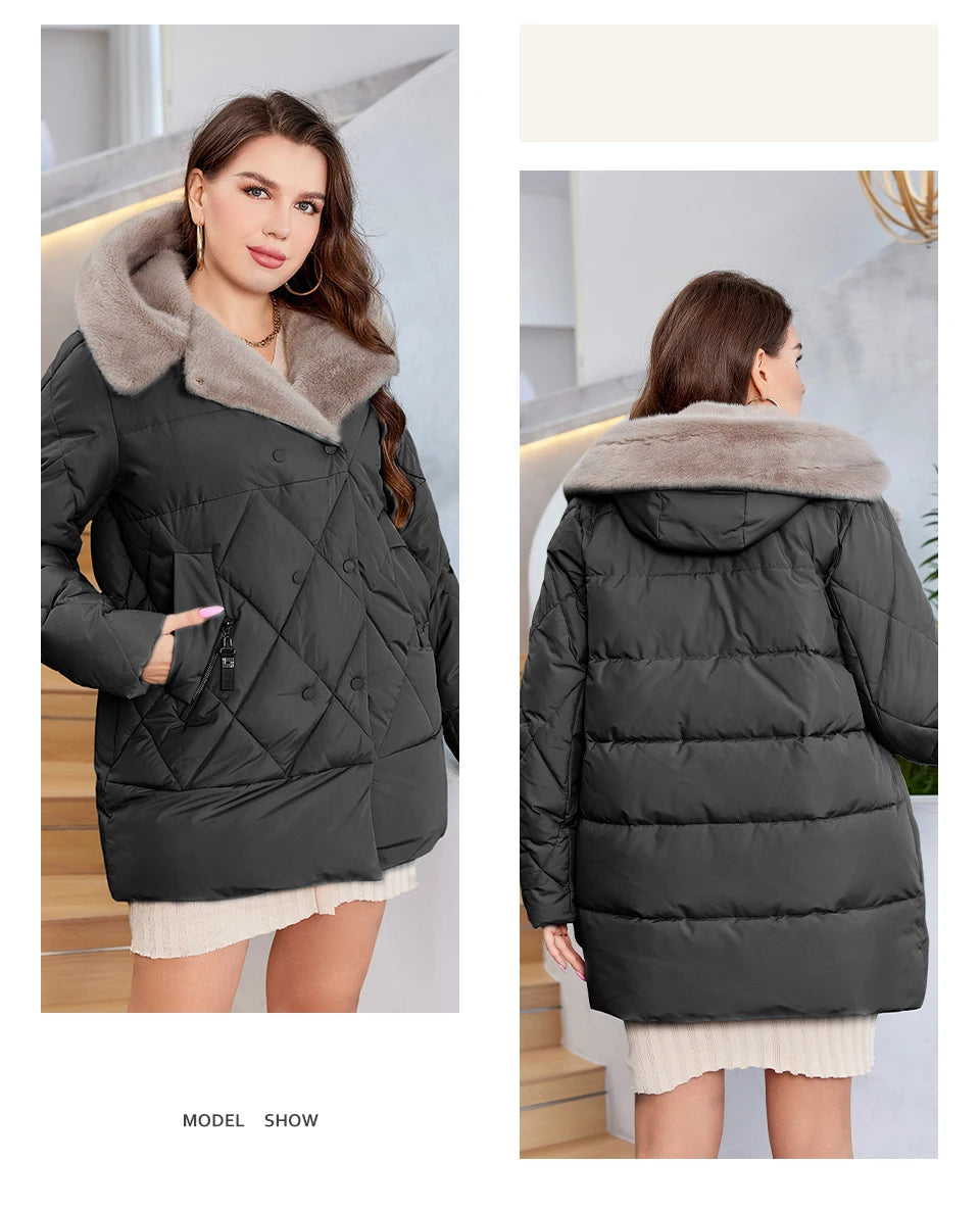 HaiLuoZi-Veste Courte à Capuche avec Fourrure pour Femme, Vêtement d'Hiver de Grande Taille, Design de Matelassage Indépendant, Grandes Poches, Combiné 2023, Nouvelle Collection 1163