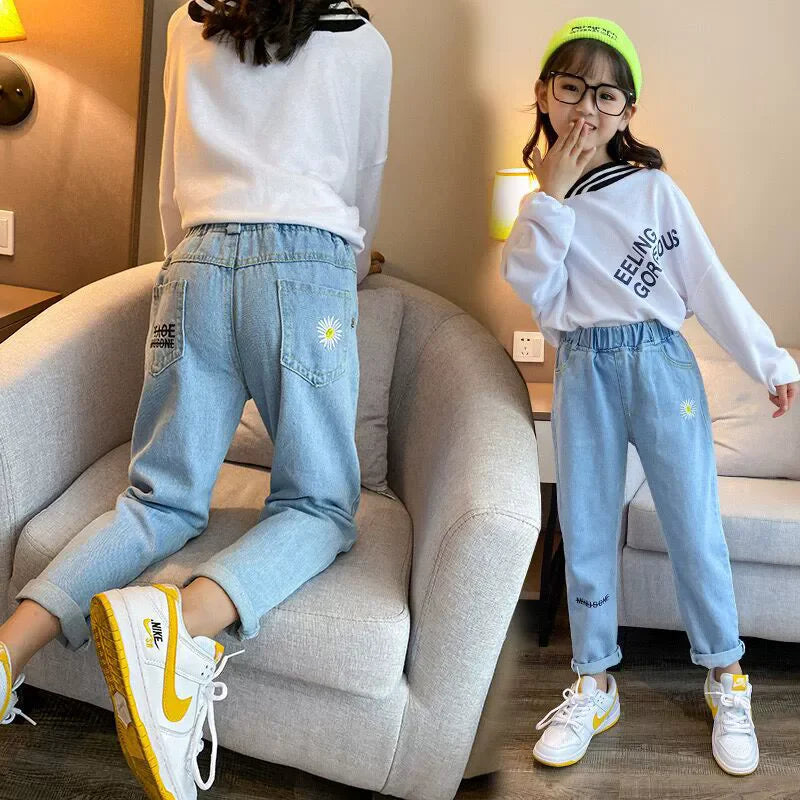 New Fashion Girls Jean Spring Summer and Autumn Soft Casual Boutique Cotton Kawaii Girls Elegant Jean Children's Pants 3-12Y