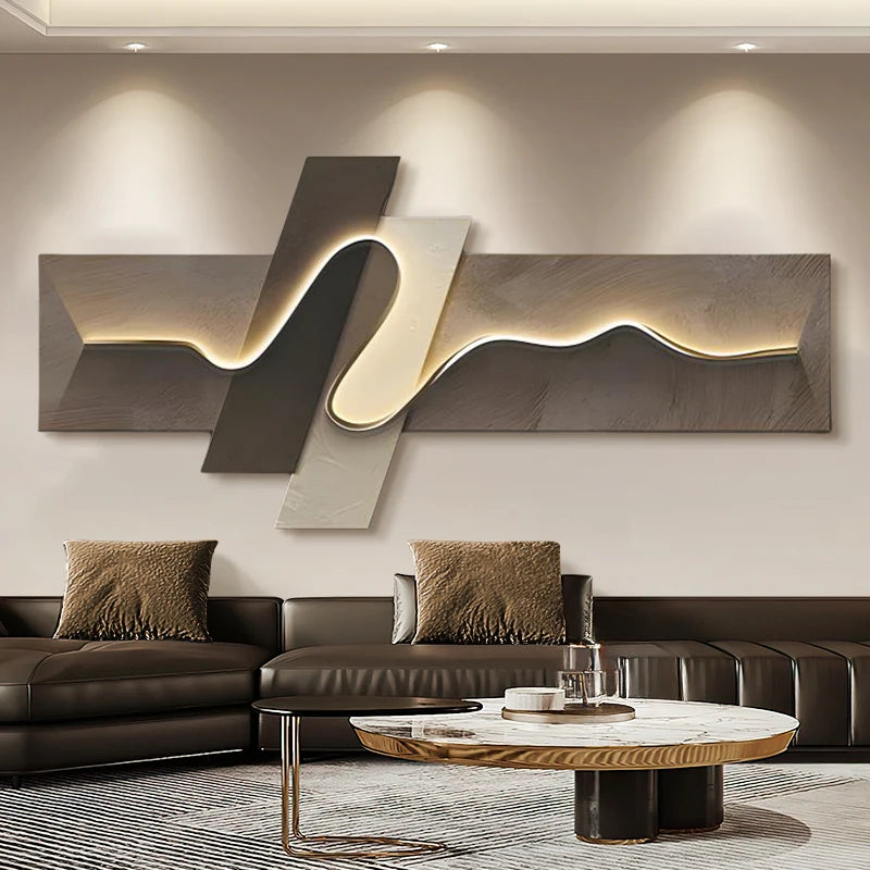 Chambre principale salon géométrique bureau décor peinture avec lumières luxe canapé TV fond mur suspendu photo chambre lits