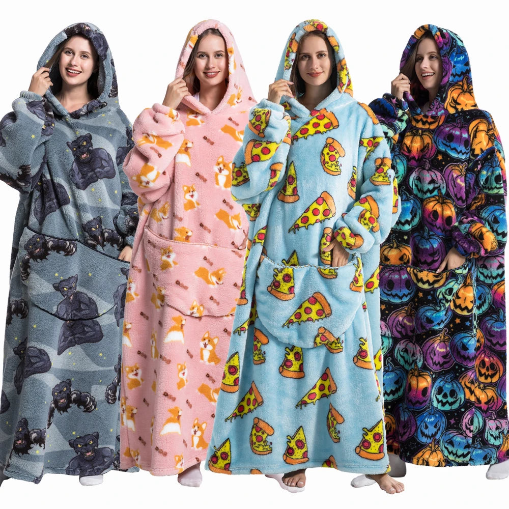 Sweat-shirt à capuche d'hiver pour femmes et hommes, pull polaire géant TV, couverture surdimensionnée avec manches, vêtements citrouille d'halloween pour adultes