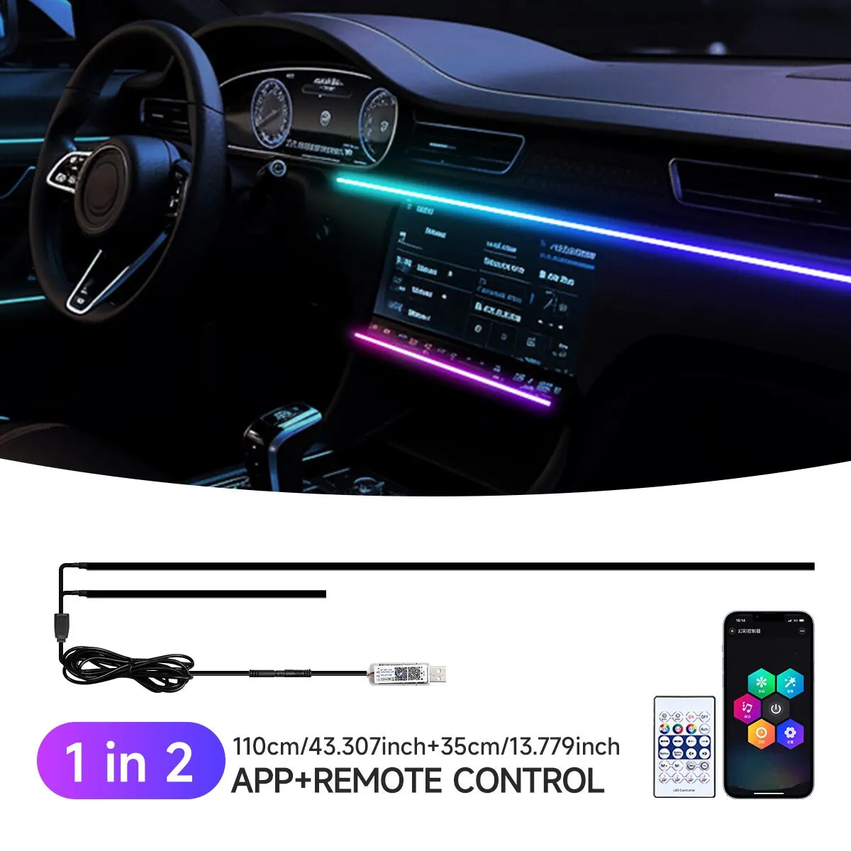 Lumière ambiante LED USB pour voiture, bandes acryliques 64 couleurs, RVB pleine couleur, intérieur de voiture, application cachée, télécommande, lampe de escale, 110cm