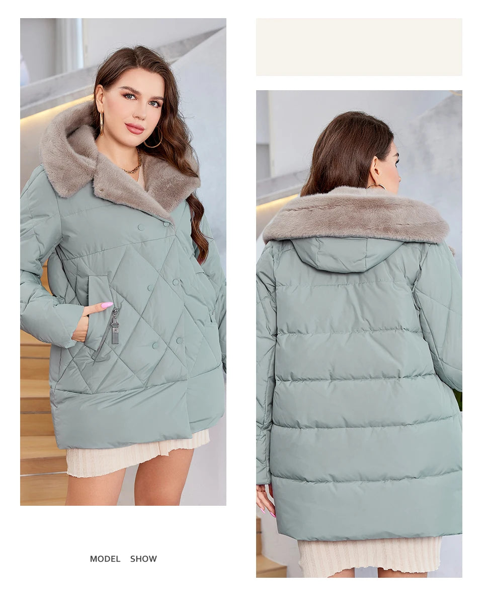 HaiLuoZi-Veste Courte à Capuche avec Fourrure pour Femme, Vêtement d'Hiver de Grande Taille, Design de Matelassage Indépendant, Grandes Poches, Combiné 2023, Nouvelle Collection 1163