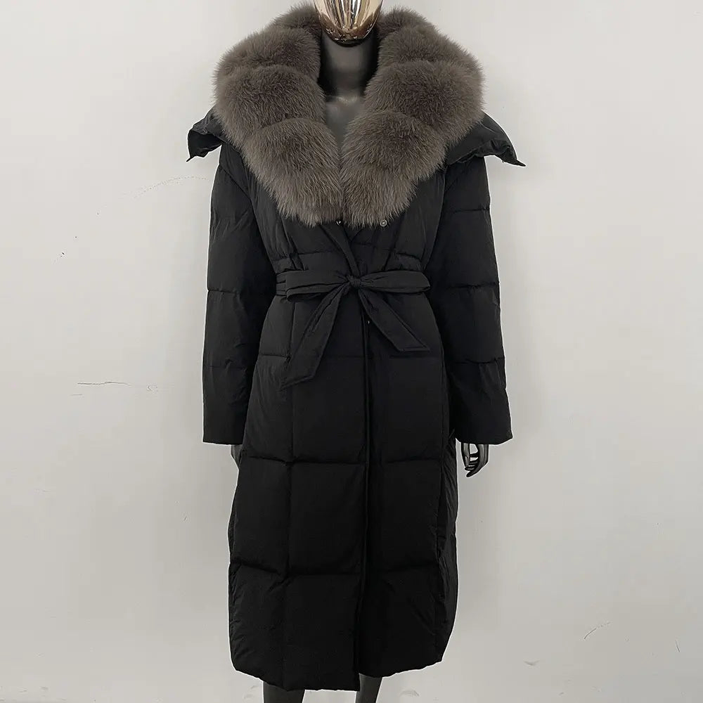 Veste d'hiver chaude et élégante pour femme, avec ceinture à capuche, simple boutonnage, col en vraie fourrure de renard, manteau épais et ample en duvet de canard blanc