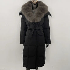 Veste d'hiver chaude et élégante pour femme, avec ceinture à capuche, simple boutonnage, col en vraie fourrure de renard, manteau épais et ample en duvet de canard blanc