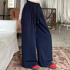 Women's High-Waisted Wide-Leg Pants, Chic, Grey, Navy Blue, Korean Style, Versatile, Drawstring, Wide Legs, Baggy, Autumn