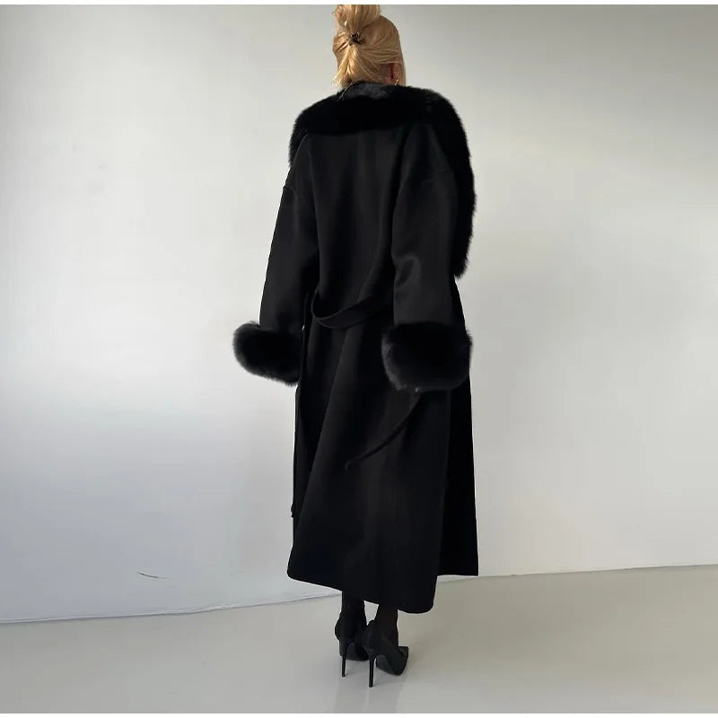 Manteau Long à lacets pour femme, manteau de bureau élégant en laine, fourrure, Patchwork, manches longues, vestes Cardigan amples, nouvelle collection 2025