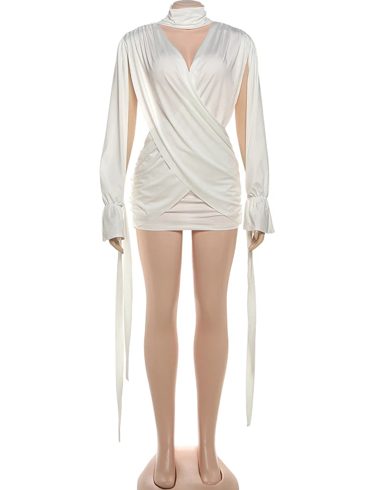 Sisterlinda – robe croisée sans taille pour femmes, col haut, Bandage, pompon, fente, manches longues, dos nu, plis, Sexy, moulante, fête de minuit, Y2K