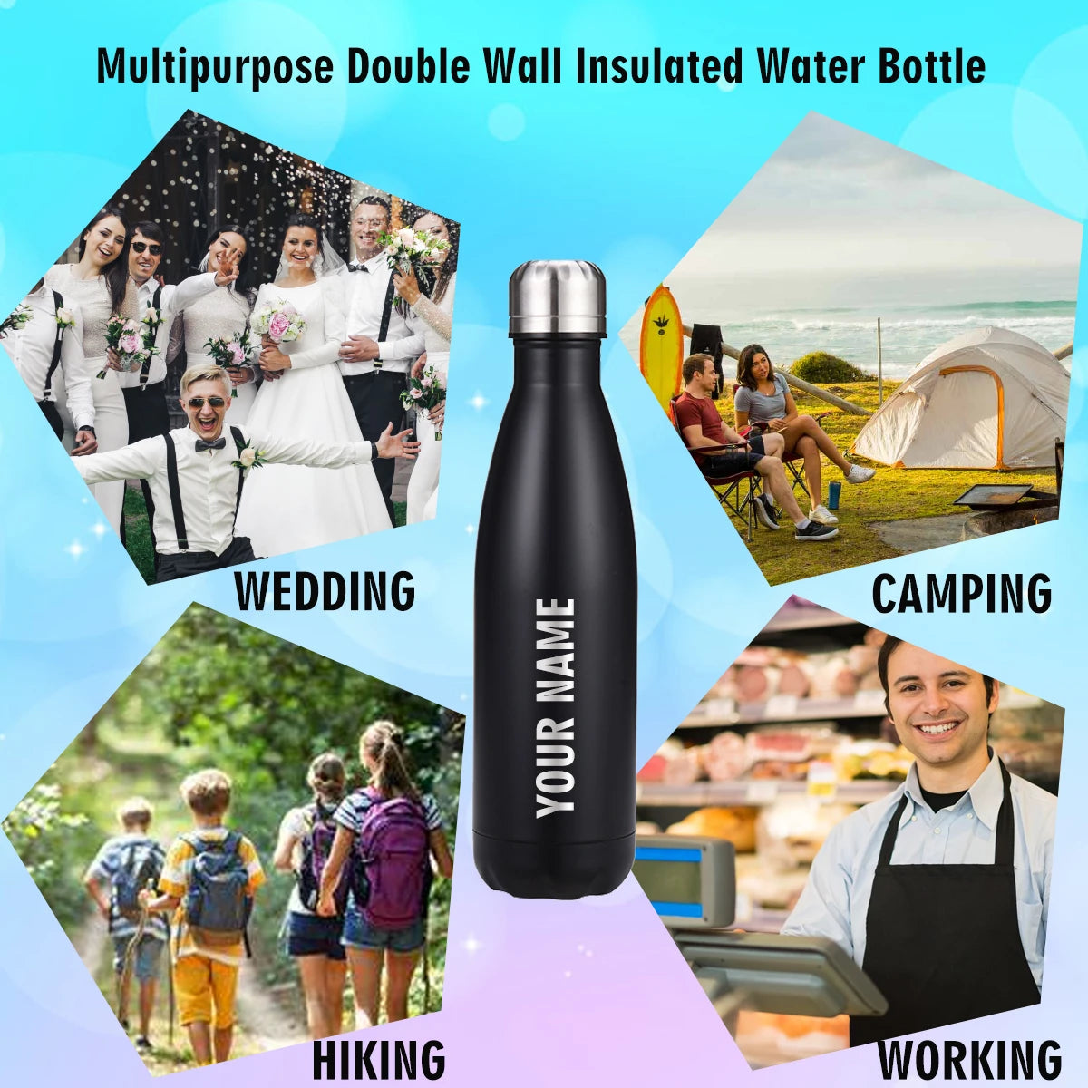 Bouteille d'eau isolée personnalisée en acier inoxydable avec nom et texte, isolation thermique, pour Noël ou toutes occasions