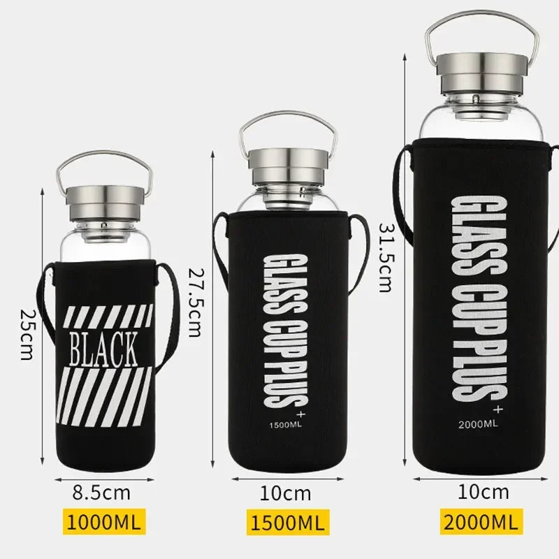 Bouteille d'eau en verre de 2L avec sangle, bouteilles d'eau de Sport, voyage en plein air, verres portables étanches, bouteille de thé en verre avec infuseur