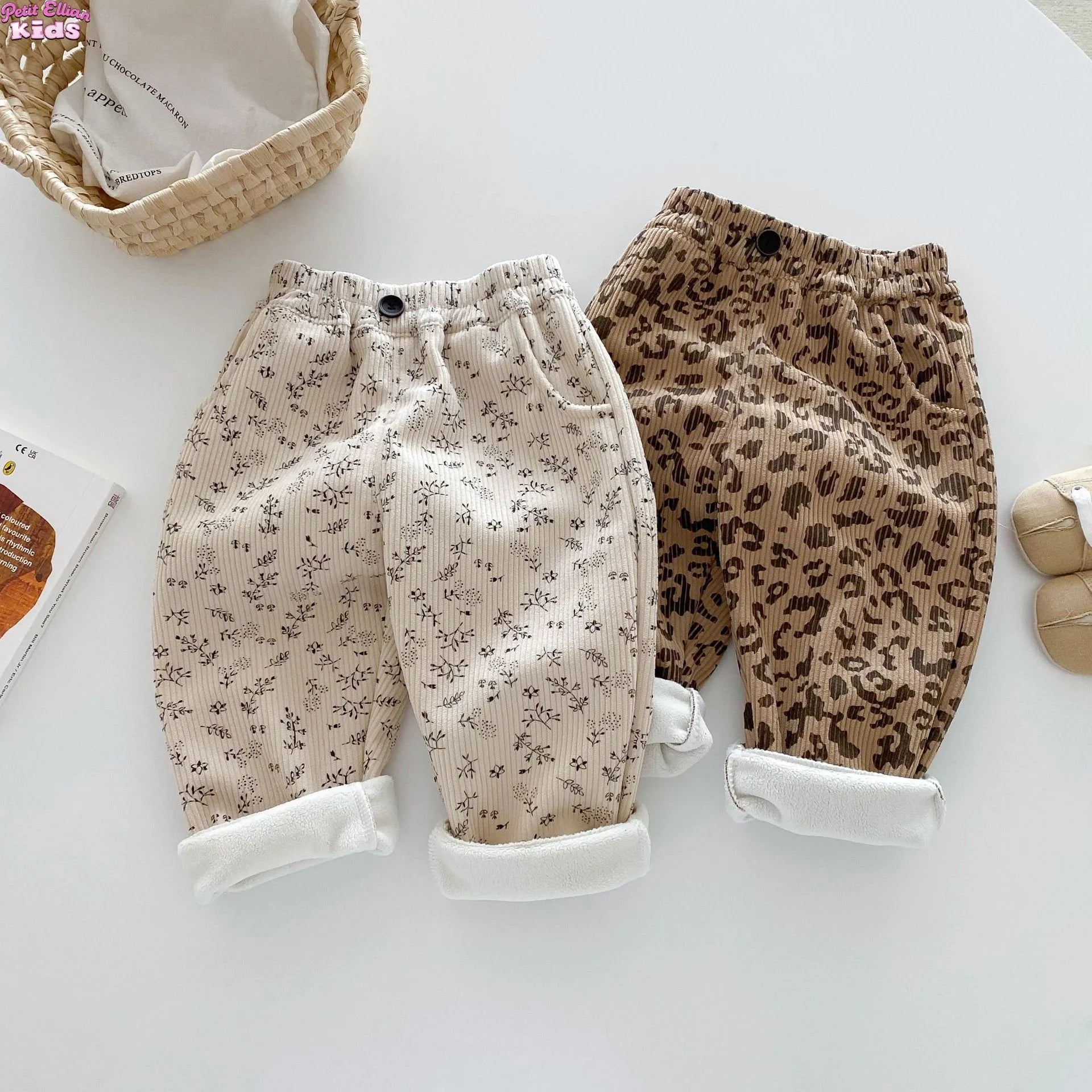 Vêtements coréens pour enfants de 0 à 5 ans, pantalons d'hiver chauds en velours côtelé imprimé Floral, doublés en polaire, pour bébés garçons et filles, 2025