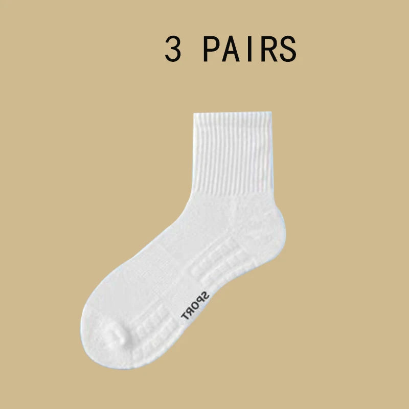 3 pairs of mid-calf sports socks with towel soles for all seasons, solid color, deodorizing, sweat-absorbing and breathable; black mid-calf socks, shock-absorbing and heel-protecting.